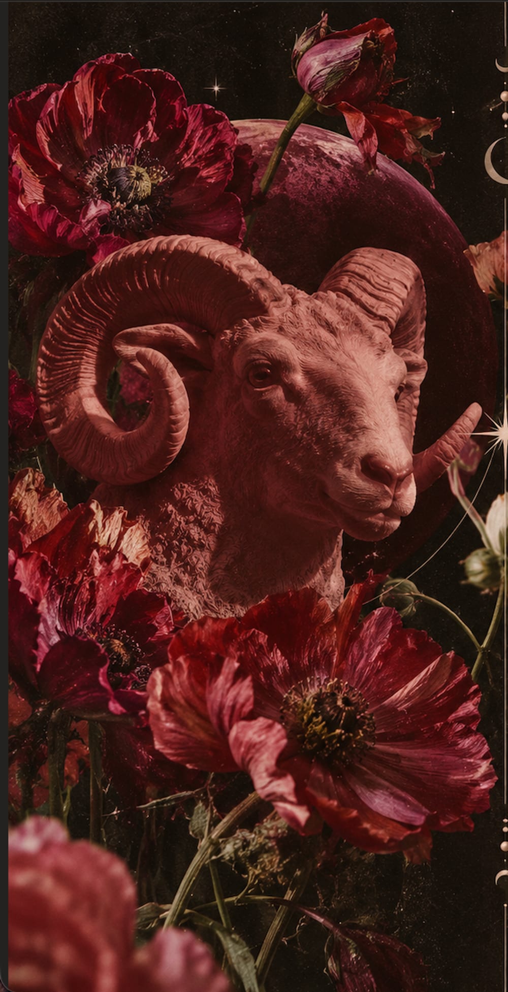 Aries ram among deep red flowers and the moon