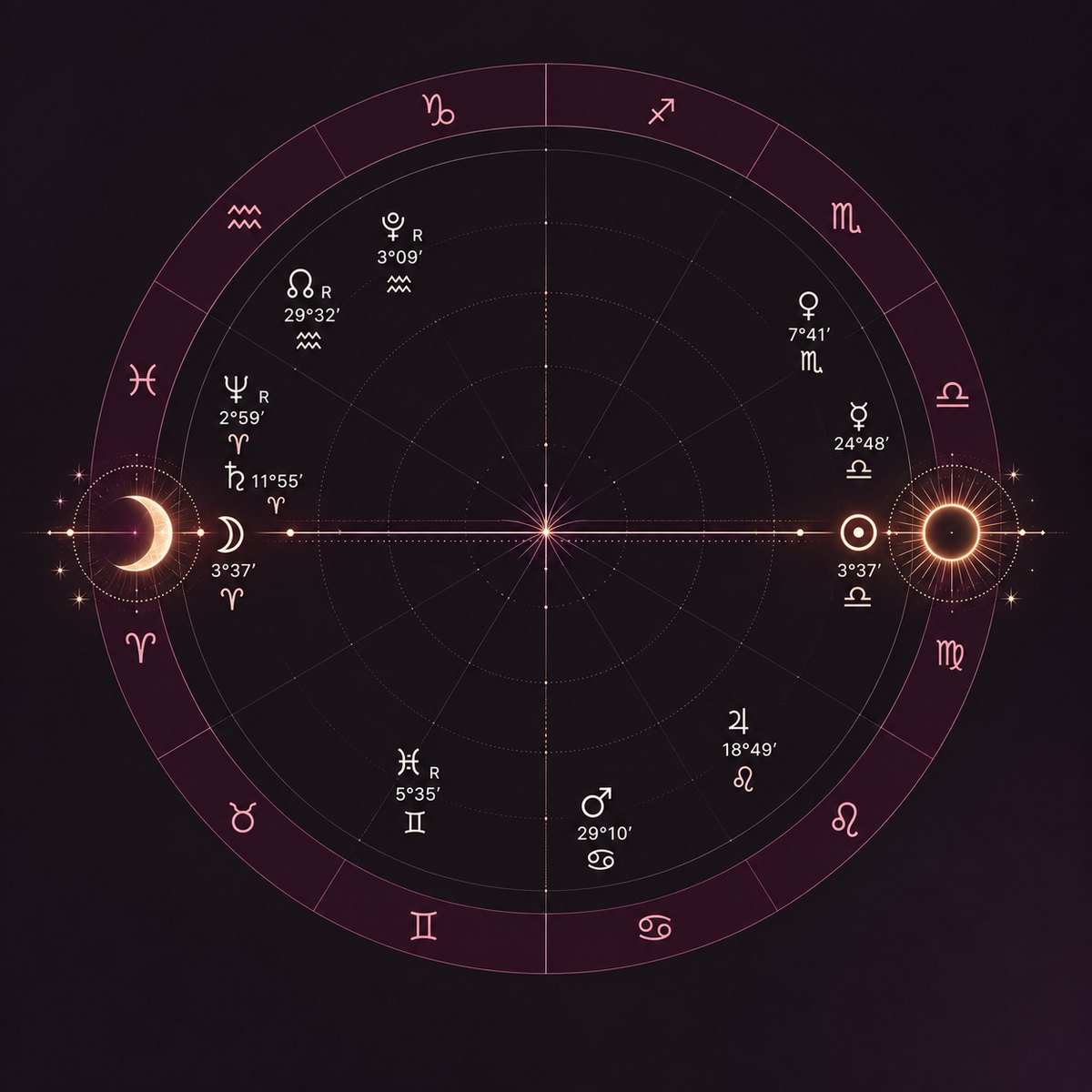 Astrological chart of the Full Moon in Aries, with the Moon on the Ascendant in Aries and the Sun on the Descendant in Libra