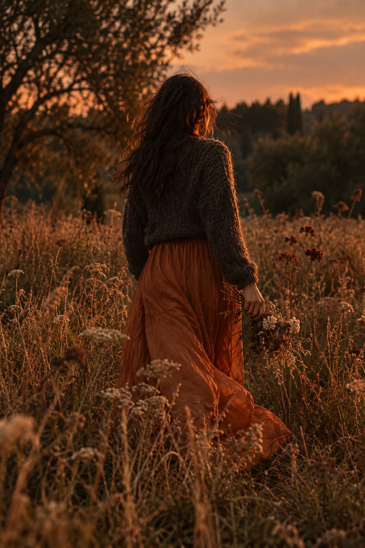 A woman gathering flowers in a field at sunset