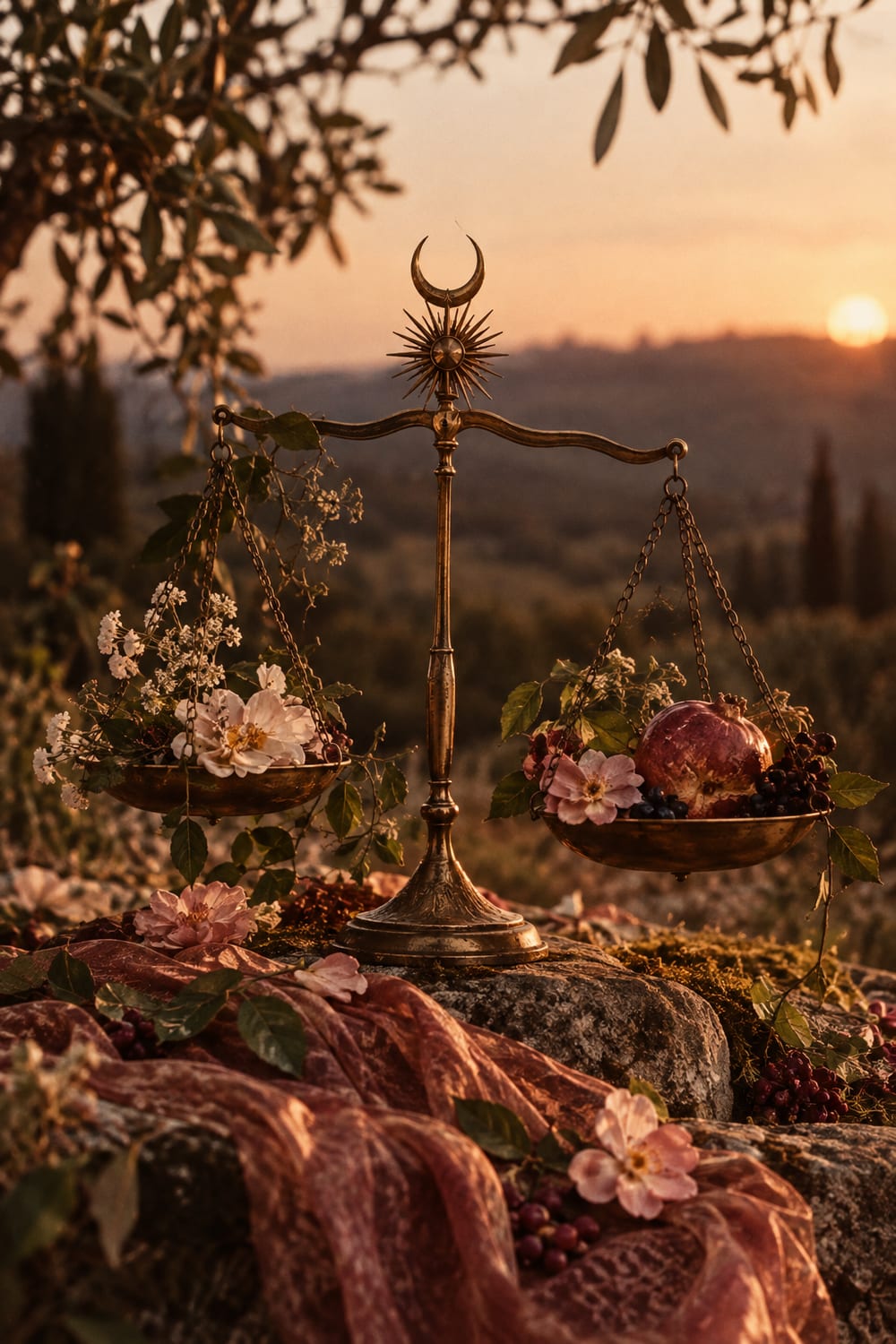 Brass balance scales holding flowers at sunset