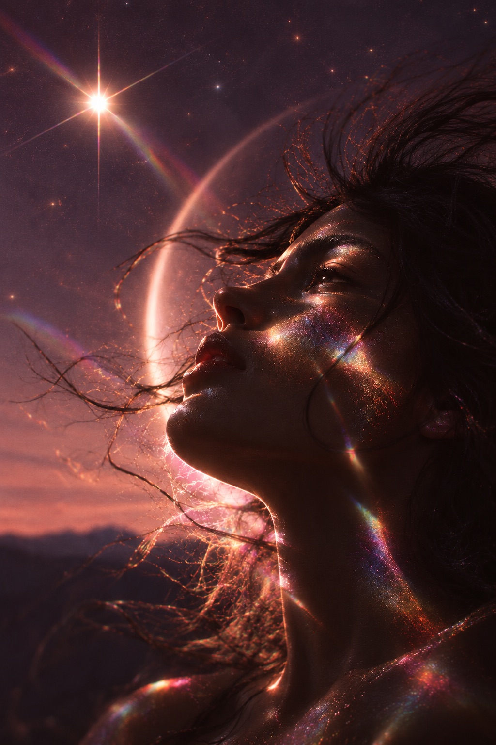 A figure reaching up toward Venus shining as a bright star in the night sky